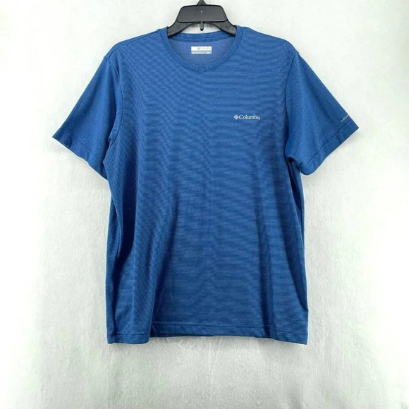 Columbia T-Shirt Men's Sz M Blue Striped Crew Neck Printed Logo Short Sleeves - Picture 1 of 12
